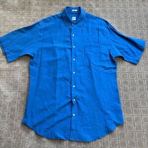 Peter Millar Linen Silk Short Sleeve Button Down Shirt Mens Large Blue Casual
